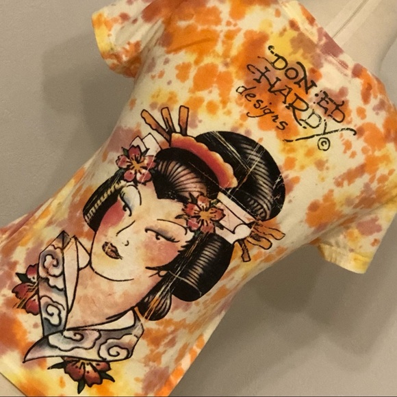 Ed Hardy Tee T-shirt Tie-Dye Koi Fish/Geisha Graphic Short Sleeve Top Small - Picture 3 of 8